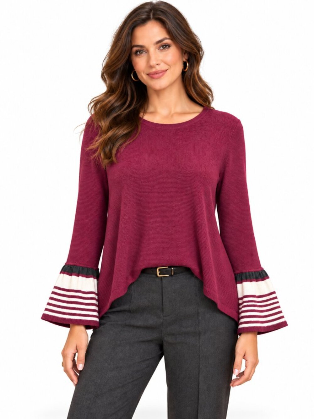 2/$30 ELLE Striped Flare Cuff Tunic in Purple XL